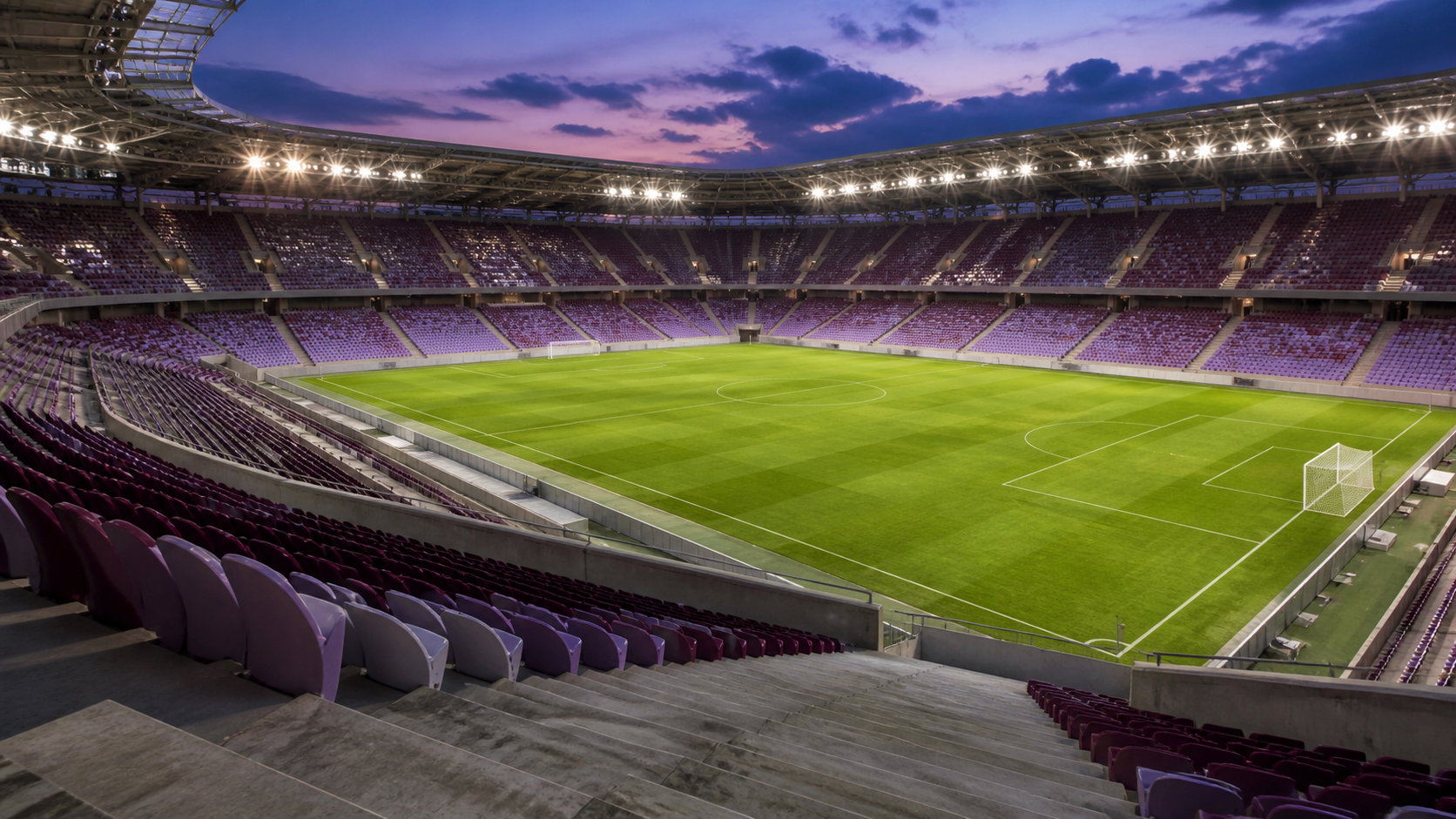 Tribün basamaklarından futbol sahasına bakan gerçekçi yayın ekranı